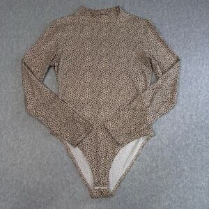 Gaze Leopard Print Bodysuit Womens Small Tan/Black Mock Neck Long Sleeves Snap